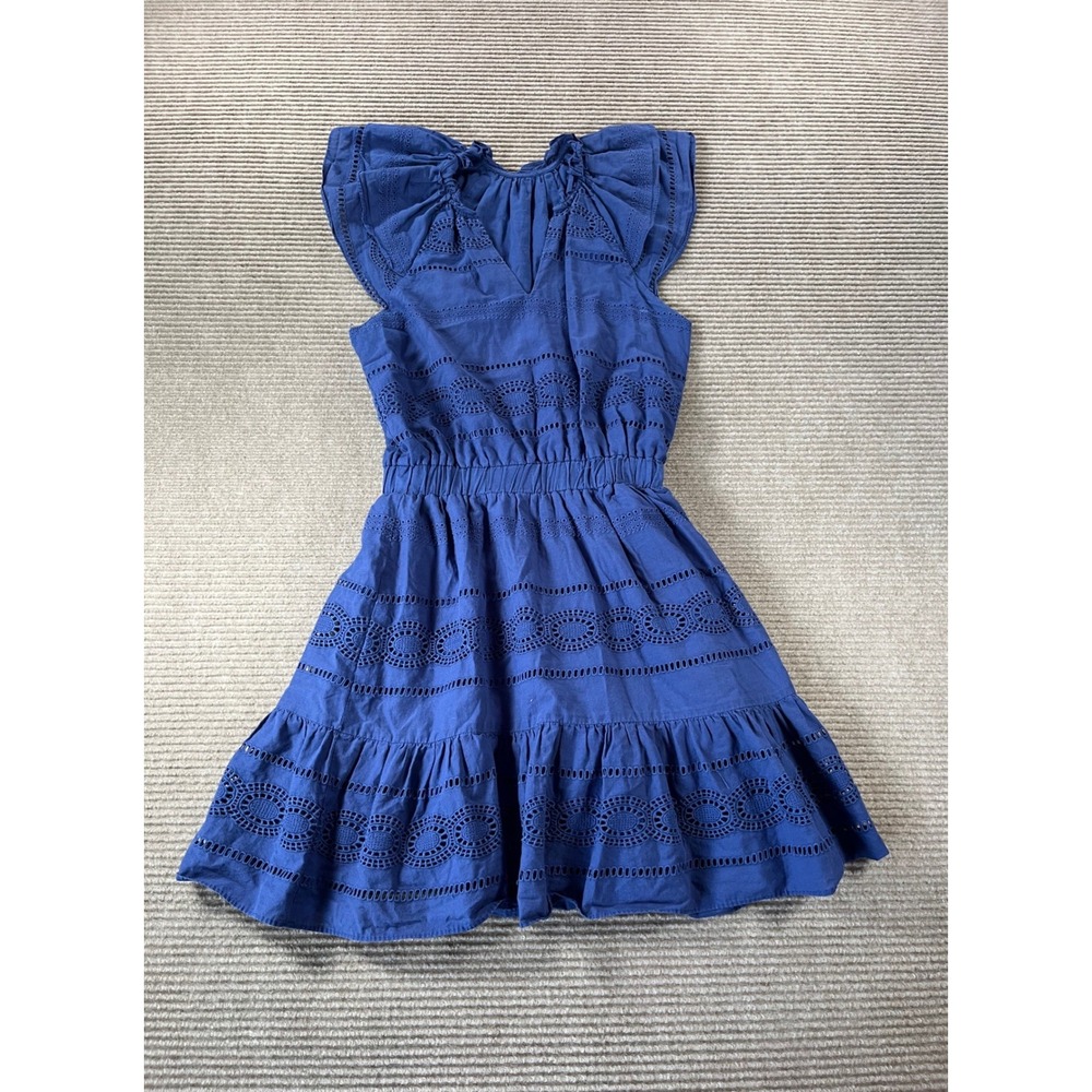 Blue Eyelet Lace Mini Dress VNeck Flutter Sleeve Elastic Waist Tiered Ruffle SM
